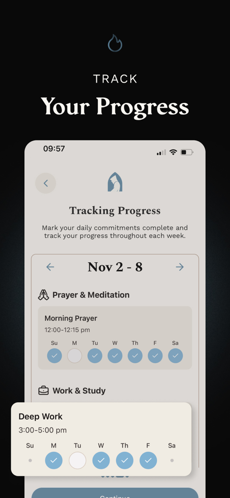 Monk Mindset - Interfaz de la aplicación Monk Mindset mostrando el seguimiento del progreso semanal de los compromisos de oración y trabajo profundo.