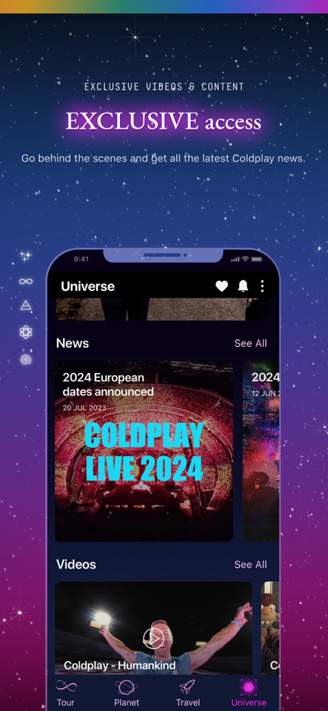 Coldplay - ColdplayアプリのUniverse画面、限定ニュースとコンサートビデオを表示