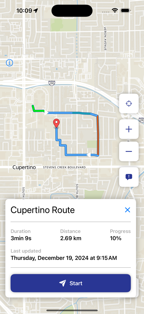 Rasters Navigation - A mobile application interface showing a map with a highlighted service route in Cupertino including details like duration distance and progress percentage