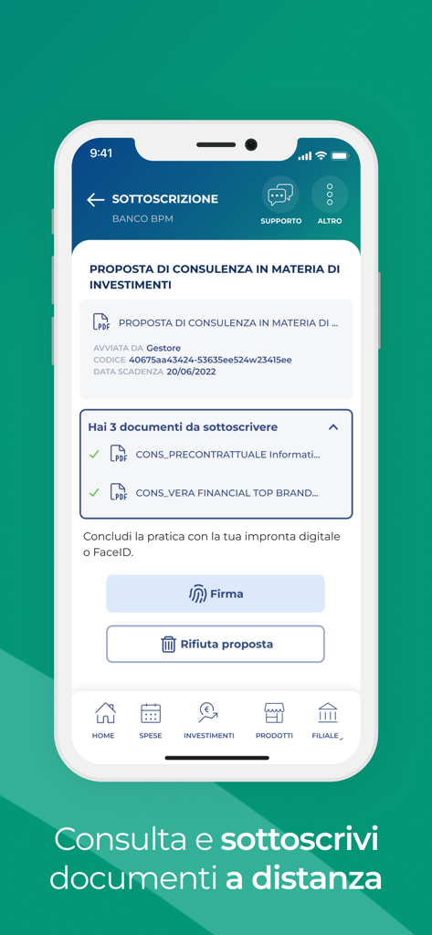 YouApp - Banco BPM - Écran mobile YouApp pour la signature numérique à distance des documents bancaires et d'investissement