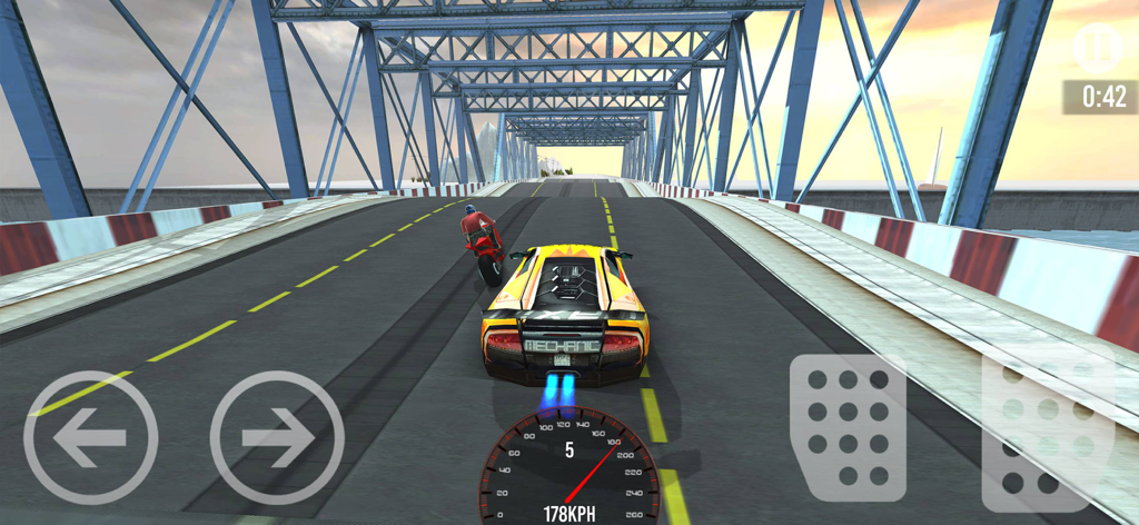 Car vs Bike Racing - Race Game - A yellow supercar and a red motorcycle racing on a large metal bridge at sunset.