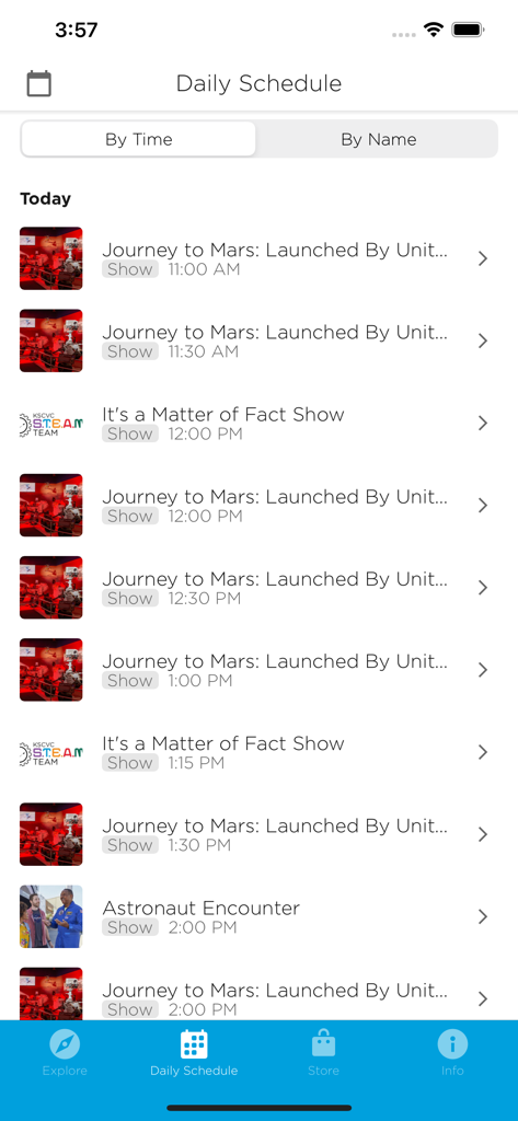 Daily schedule of shows and events at Kennedy Space Center Visitor Complex