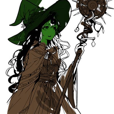 a realistic fantasy manga witch with a staff