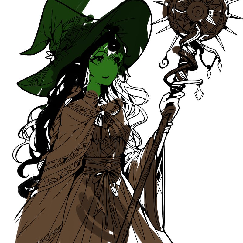 a realistic fantasy manga witch with a staff