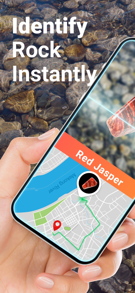 Rock Identifier: Stone ID - Pantalla de smartphone usando la aplicación Rock Identifier para identificar una piedra de Jaspe Rojo con un mapa de ubicación