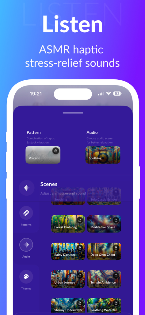 Vibrator Zen Strong Vibration - Interfaz de la aplicación Vibrador Zen mostrando un menú para seleccionar sonidos y escenas hápticas ASMR para aliviar el estrés.