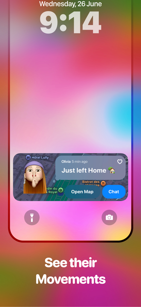 Vibes - BFF mood tracker - A lock screen widget showing a friend status update that they just left home with map and chat options