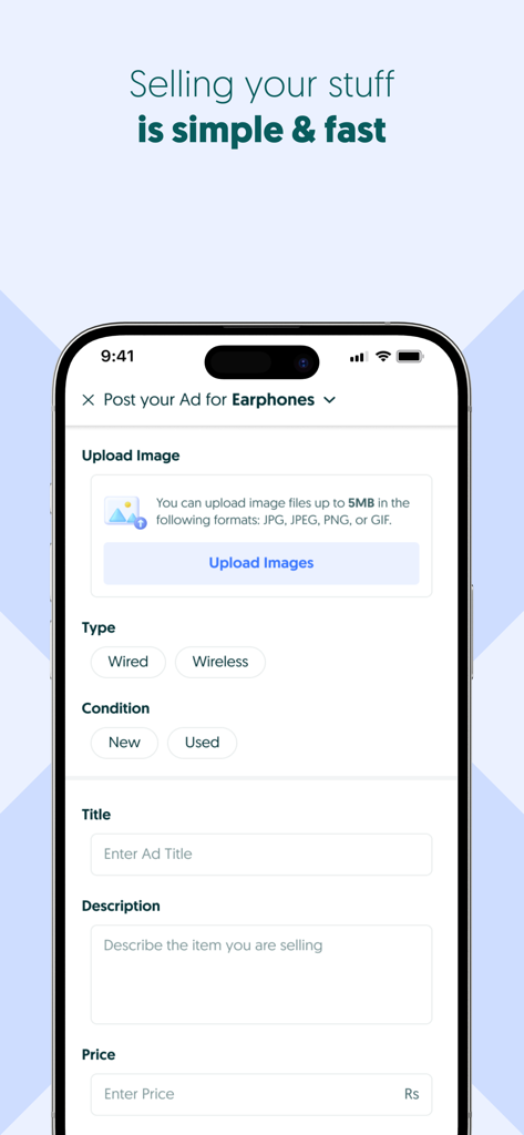 OLX Pakistan – Online Shopping - A mobile interface of OLX Pakistan app showing the form to post a classified advertisement for selling items