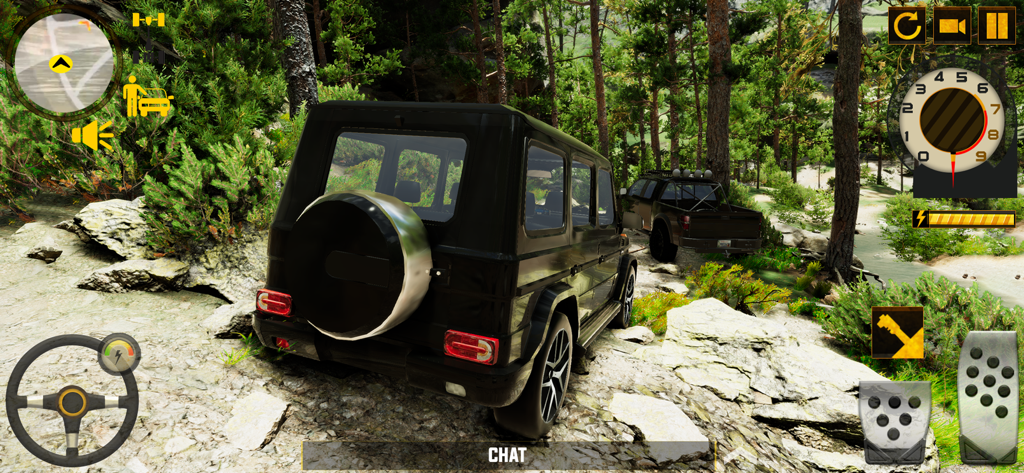 Gameplay of Offroad Car Simulator 2024 showing a black SUV driving through a rocky forest trail