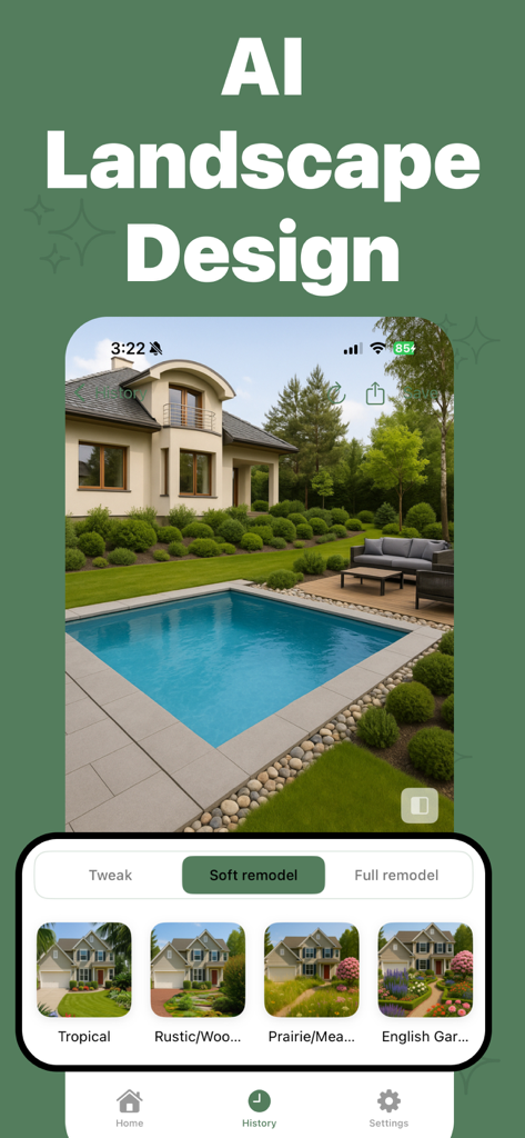AI Garden Design: Yardly - Interfaz de la aplicación Yardly de diseño de paisajes con IA que muestra el diseño de paisajes generado por IA para un patio trasero con piscina
