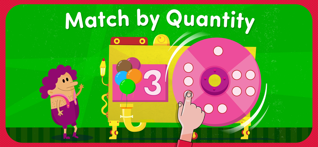 Écran de jeu de mathématiques pour enfants d'âge préscolaire où un enfant associe le chiffre trois à une quantité correspondante de points