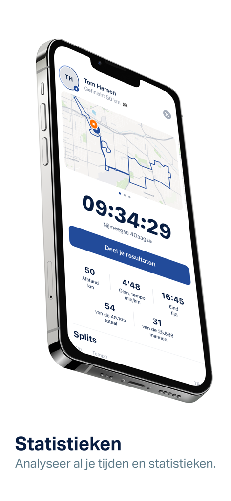 Smartphone screen displaying walking performance statistics and a route map from the 4Daagse app