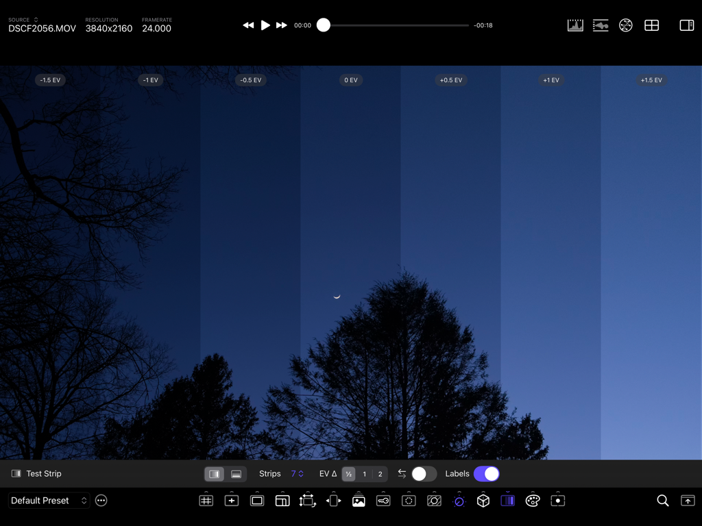 CineMon - CineMon app interface showing the Test Strip feature for evaluating exposure variances across different EV levels on a night scene