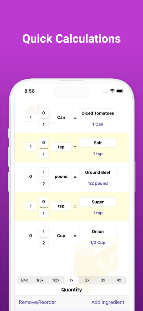 Sous Chef Pro: Timers & Tools - Sous Chef Proアプリのインターフェースには、クイックレシピ調整のための材料スケーリングツールが表示されています
