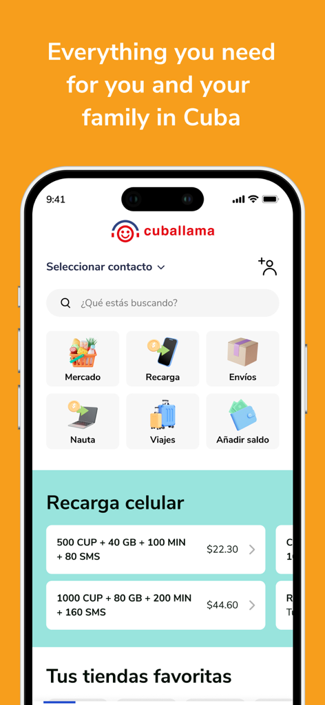 Home screen of the Cuballama app displaying service icons for market recharges and shipping to Cuba
