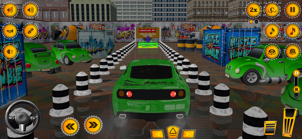 US Extreme Car Games Simulator - Un coche verde navegando por un desafío de zona de aparcamiento dentro de un entorno de simulación de escuela de conducción urbana.