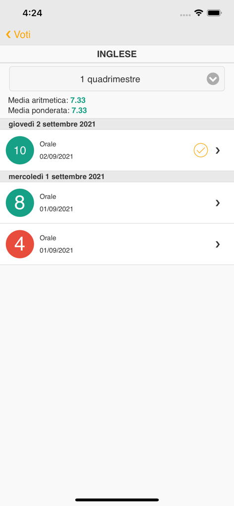 Axios Registro Elettronico ALU - Una captura de pantalla de la aplicación Axios ALU que muestra las calificaciones del estudiante y los promedios académicos de una clase de inglés.