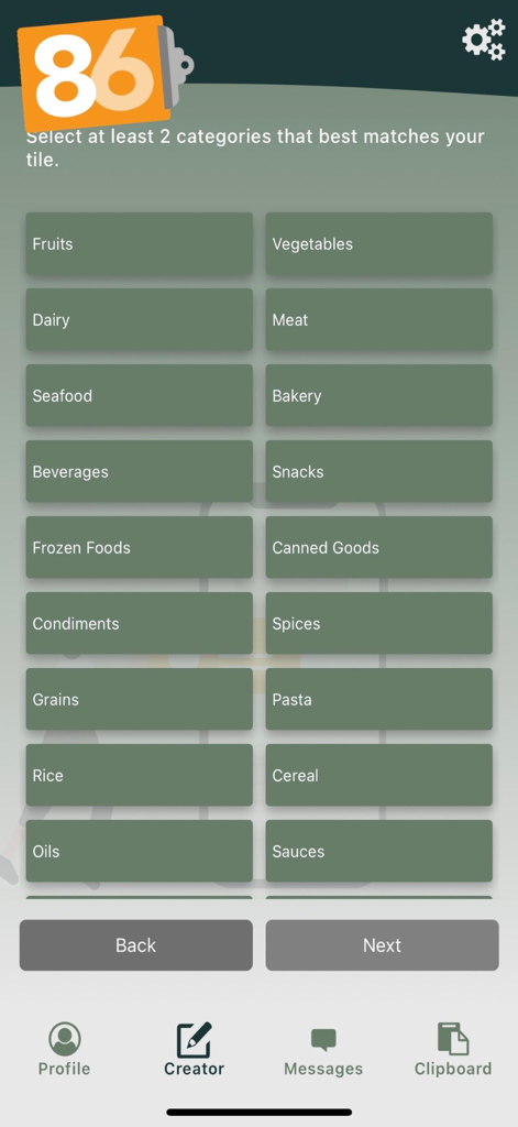 86 - Interface of the 86 app showing a grid of food categories like Fruits, Vegetables, and Meat for digital flyer creation