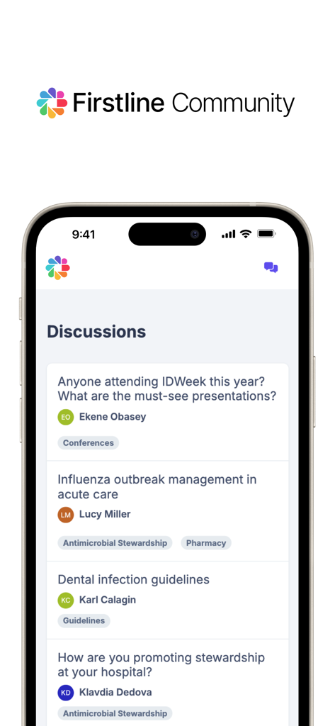 Firstline Community mobile app interface showing clinical discussion threads for medical professionals.