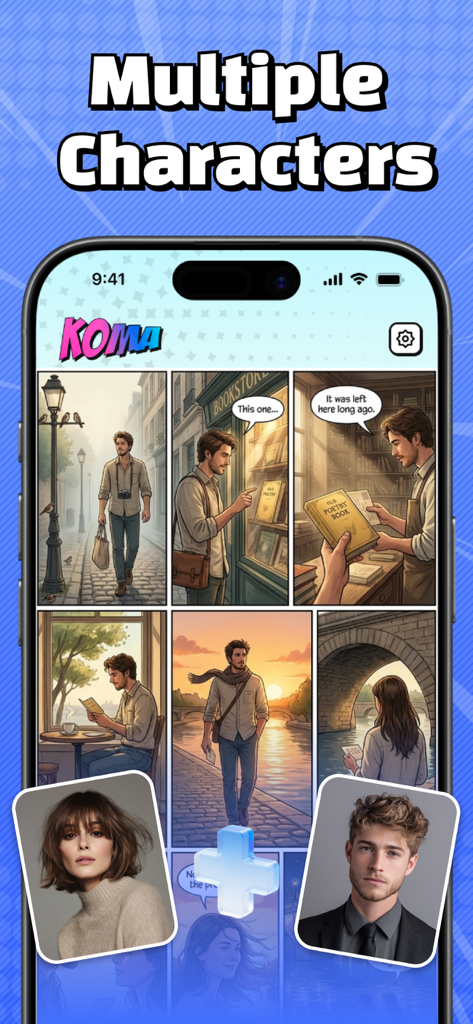 Koma - AI Manga & AI Comics - Koma app interface showing comic panels and character creation from photos for AI manga.