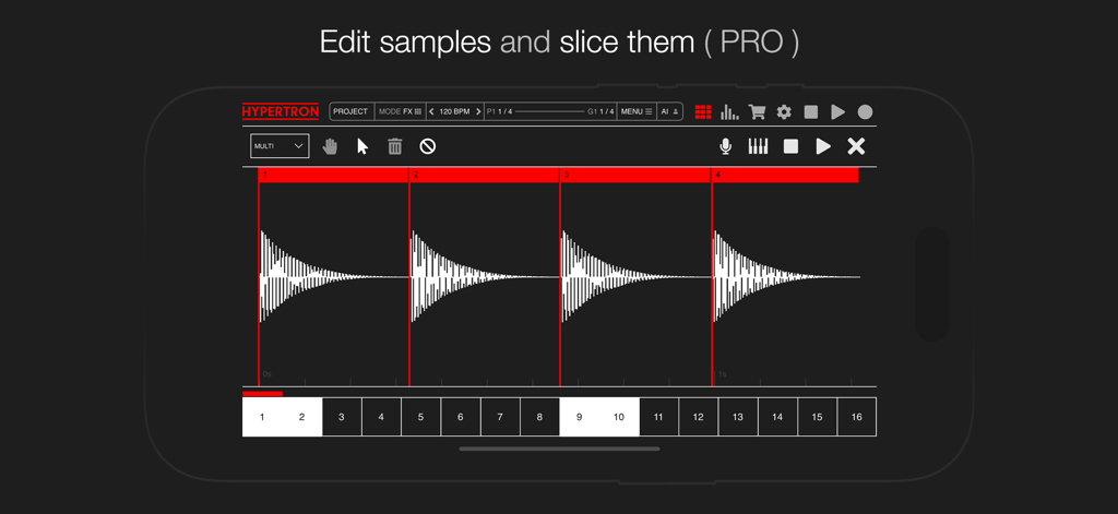 Hypertron - Interfaz de la app Hypertron mostrando una forma de onda con marcadores de slice en el editor de samples profesional