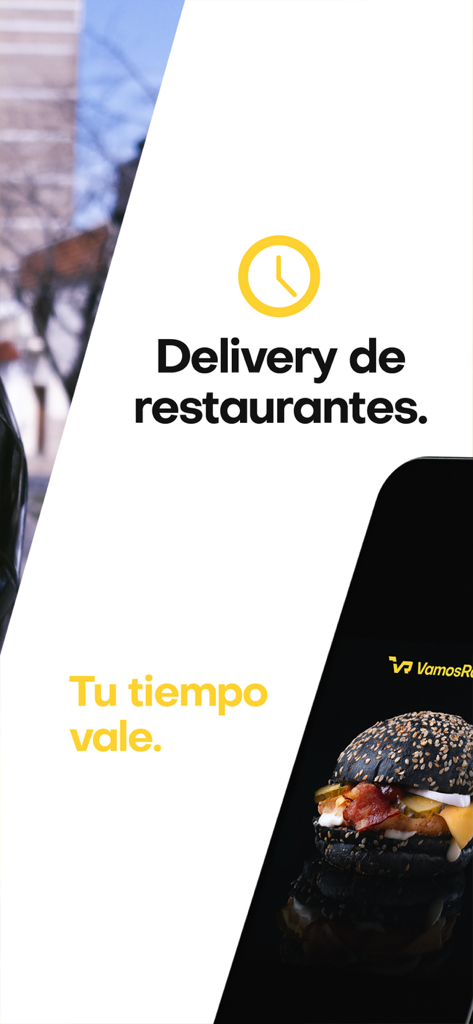 Promotional screen for the Vamos Rapido app showing restaurant delivery with a burger image and Spanish text.