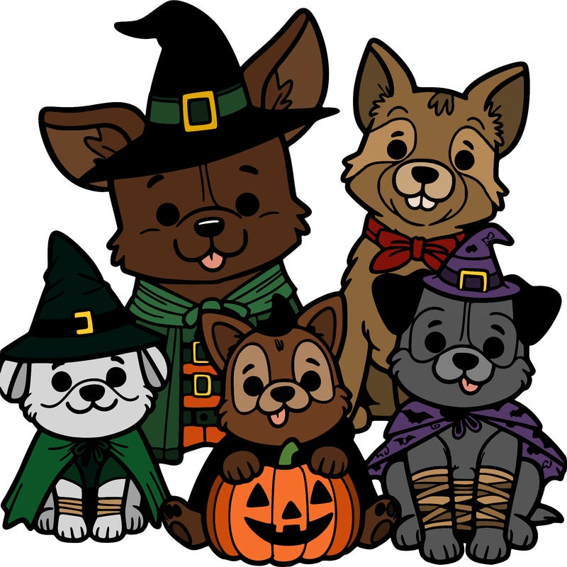 dog and puppies dressed up for halloween