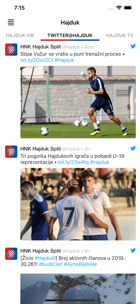 Naš Hajduk - Nas Hajdukモバイルアプリケーション内のHNKハイドゥク・スプリトのTwitterフィード