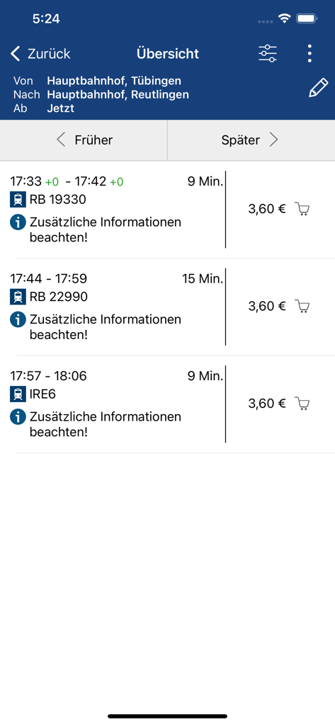 Die naldo App zeigt Zugverbindungen von Tübingen nach Reutlingen mit Ticketkaufoptionen an