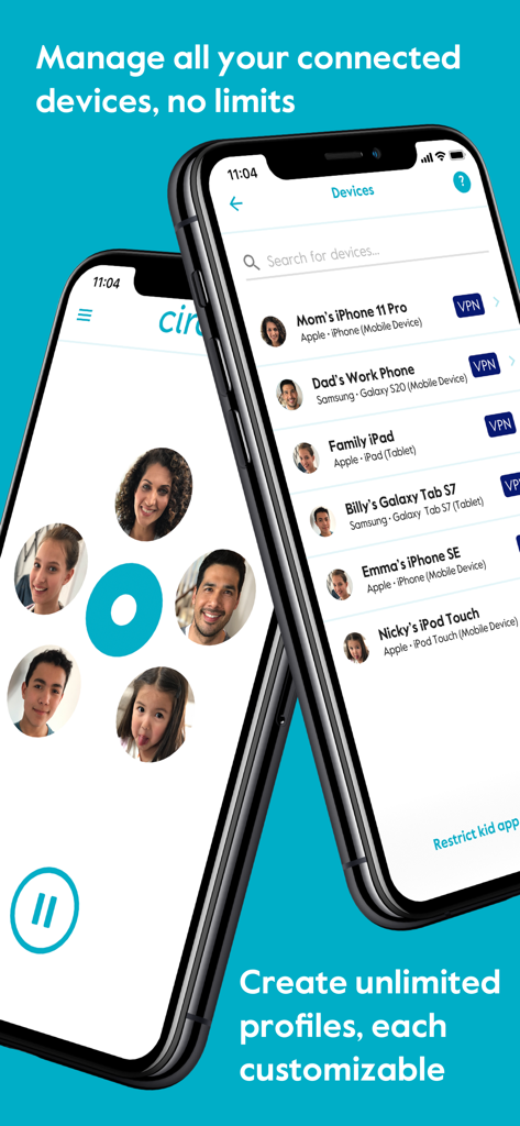 スマートフォン画面。Circleペアレンタルコントロールアプリのデバイス管理と家族プロフィールが表示されています。