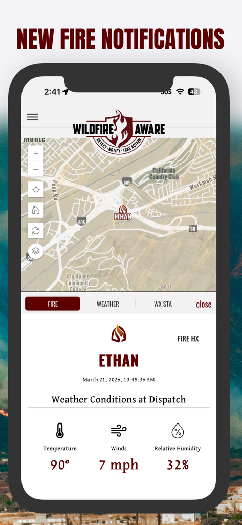 Wildfire Aware® | Fire Alerts - Wildfire Aware app interface showing a new fire notification with map location and weather conditions at dispatch