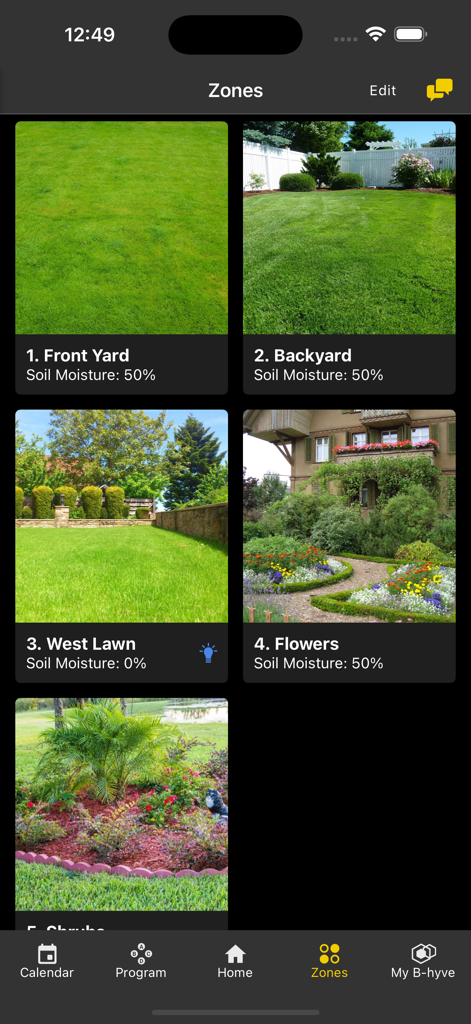 B-hyve - Interfaz de la aplicación B-hyve que muestra varias zonas de riego y porcentajes de humedad del suelo