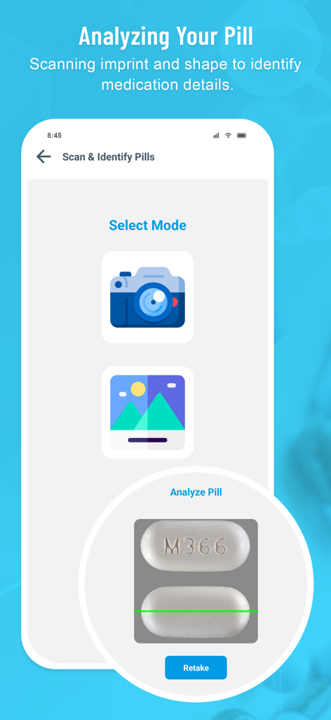 Medi Scanner - Pill Identifier - Interface of the Medi Scanner app showing a pill being scanned for identification