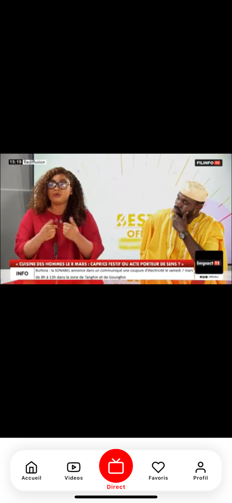 FILINFO TV - FILINFO TV mobile app interface showing a live news broadcast with presenters and news ticker.