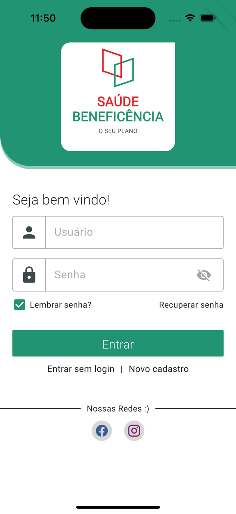 Saúde Beneficência - Pantalla de inicio de sesión de la app de seguro médico Saude Beneficencia con campos para nombre de usuario y contraseña.
