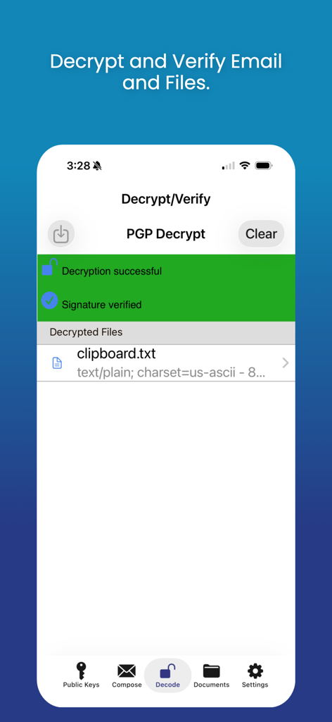 iPGMail - The iPGMail app interface displaying a successful PGP decryption and digital signature verification message for a file