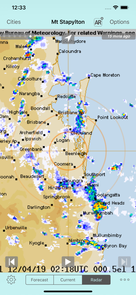 A detailed weather radar map showing precipitation across the Brisbane and Gold Coast regions of Australia