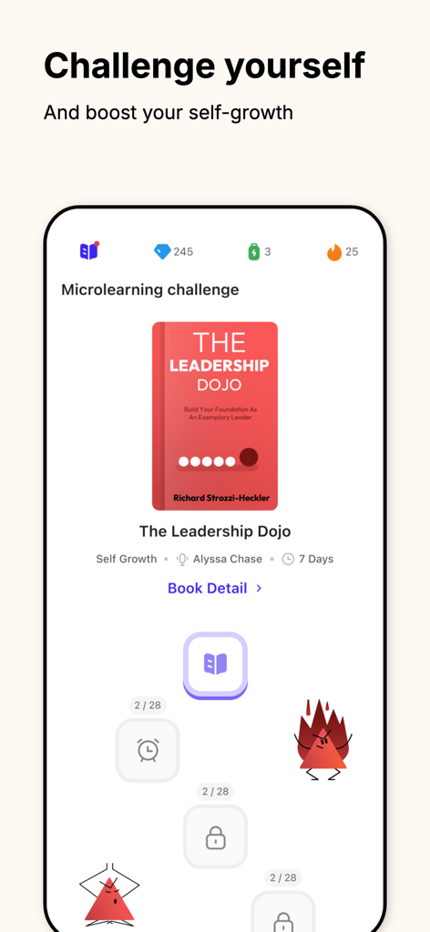 myMentalPal app screen showing a microlearning challenge based on the book The Leadership Dojo for self growth