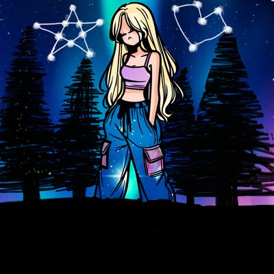 girl in baggy pants crop top and long hair