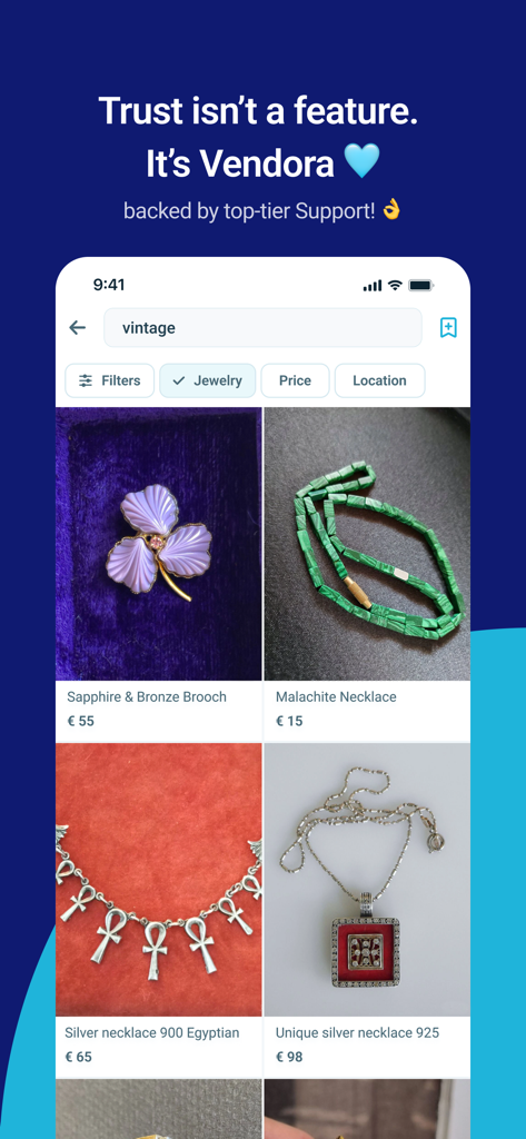 Vendora mobile app showing vintage jewelry search results.