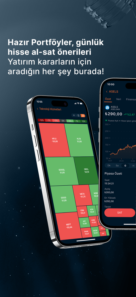 Piapiri Borsa Hisse Alım Satım - Piapiriアプリのダッシュボード、米国の株価ヒートマップとイスタンブール証券取引所の株価チャートが表示されている