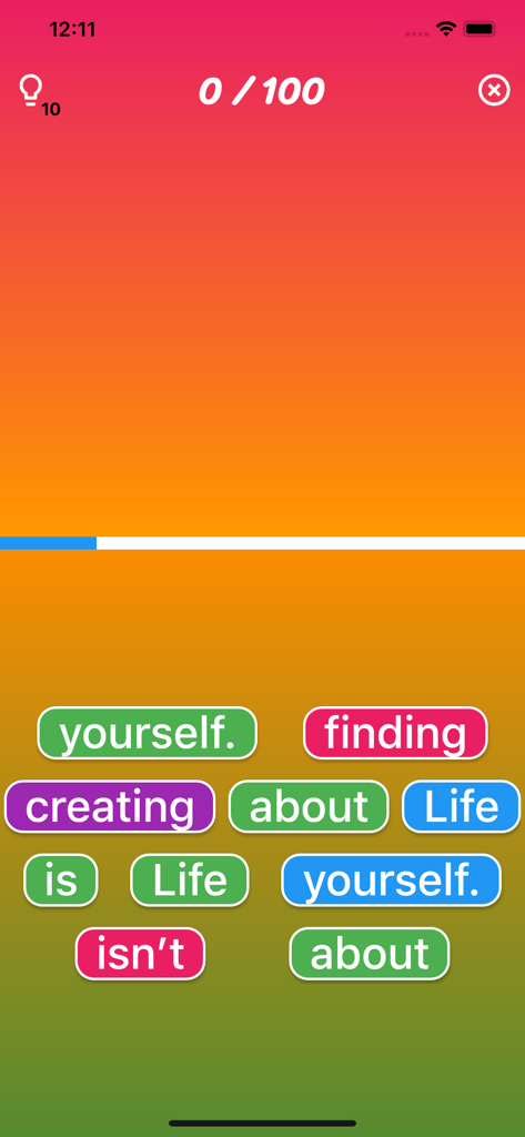 A mobile game screen featuring colorful word bubbles for unscrambling an English sentence