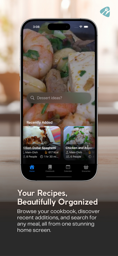 TasteLoop - TasteLoop app home screen on an iPhone showing a search bar for dessert ideas and recently added recipes like Million Dollar Spaghetti and Chicken with Asparagus
