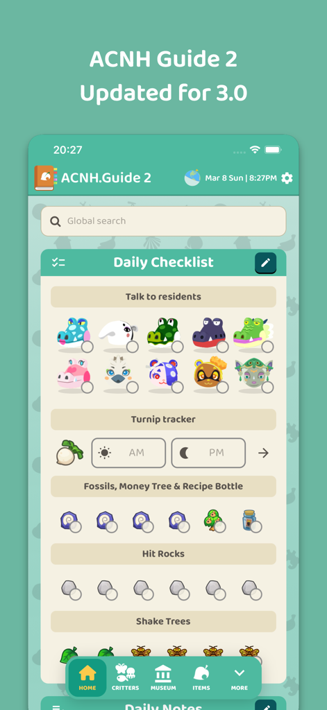 ACNH.Guide for Animal Crossing - Daily checklist interface in ACNH Guide app for tracking Animal Crossing tasks.