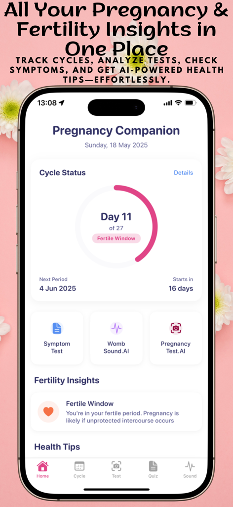 Pregnancy Test AI - Interface of the Pregnancy Test AI app showing the fertility tracker and cycle status dashboard