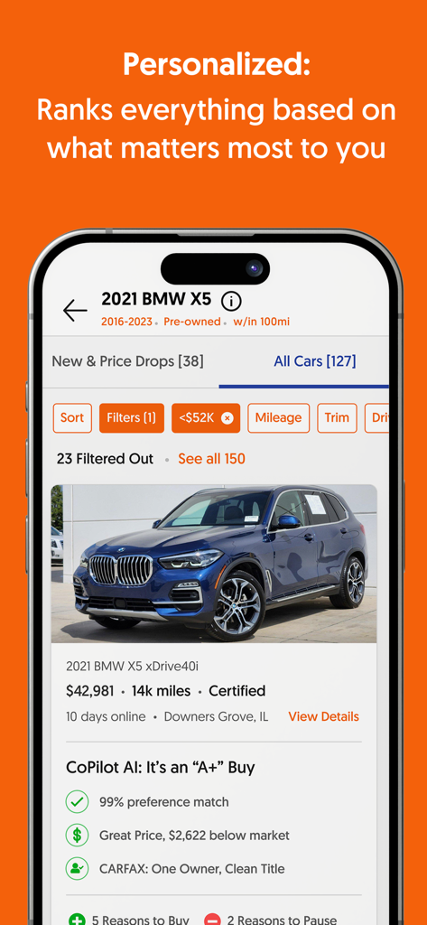 CoPilot app interface showing personalized car rankings and an A+ buy recommendation for a 2021 BMW X5 based on price and history.