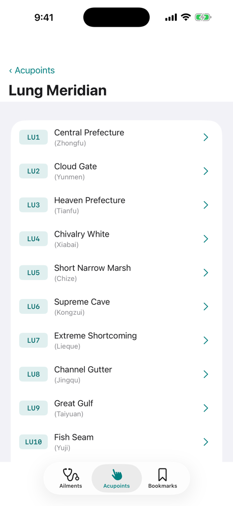 Massage Map 3D - List of acupressure points for the Lung Meridian in the Massage Map 3D app