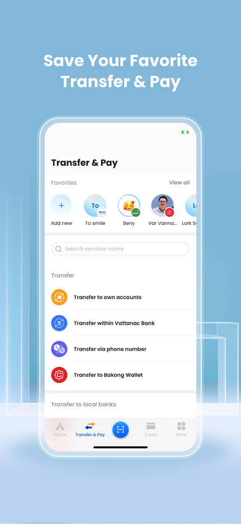 Vattanac Bank app Transfer and Pay screen showing favorites and transfer options