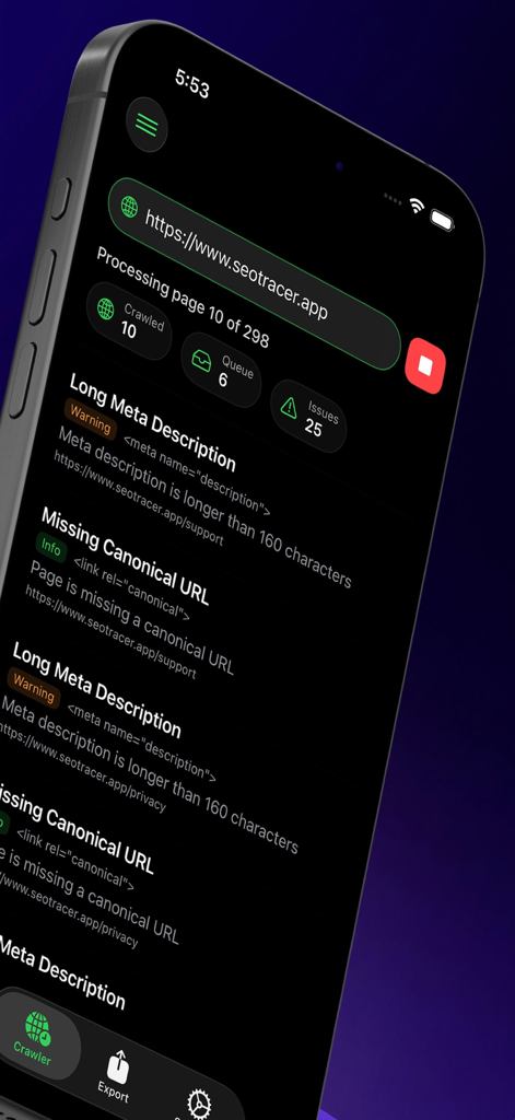 SEO Tracer: Site Audit - SEO Tracer app interface displaying real-time technical site audit progress with warnings for long meta descriptions and missing canonical URLs