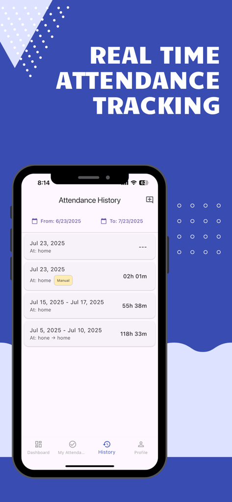Mobile screen of AttendEase app displaying attendance history with dates and hours tracked